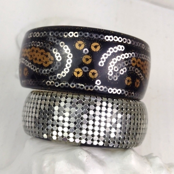 2 Blingy (1 Paisley) Boho Disco Resin Coated Chunky Cool Bangles EUC - Picture 2 of 12